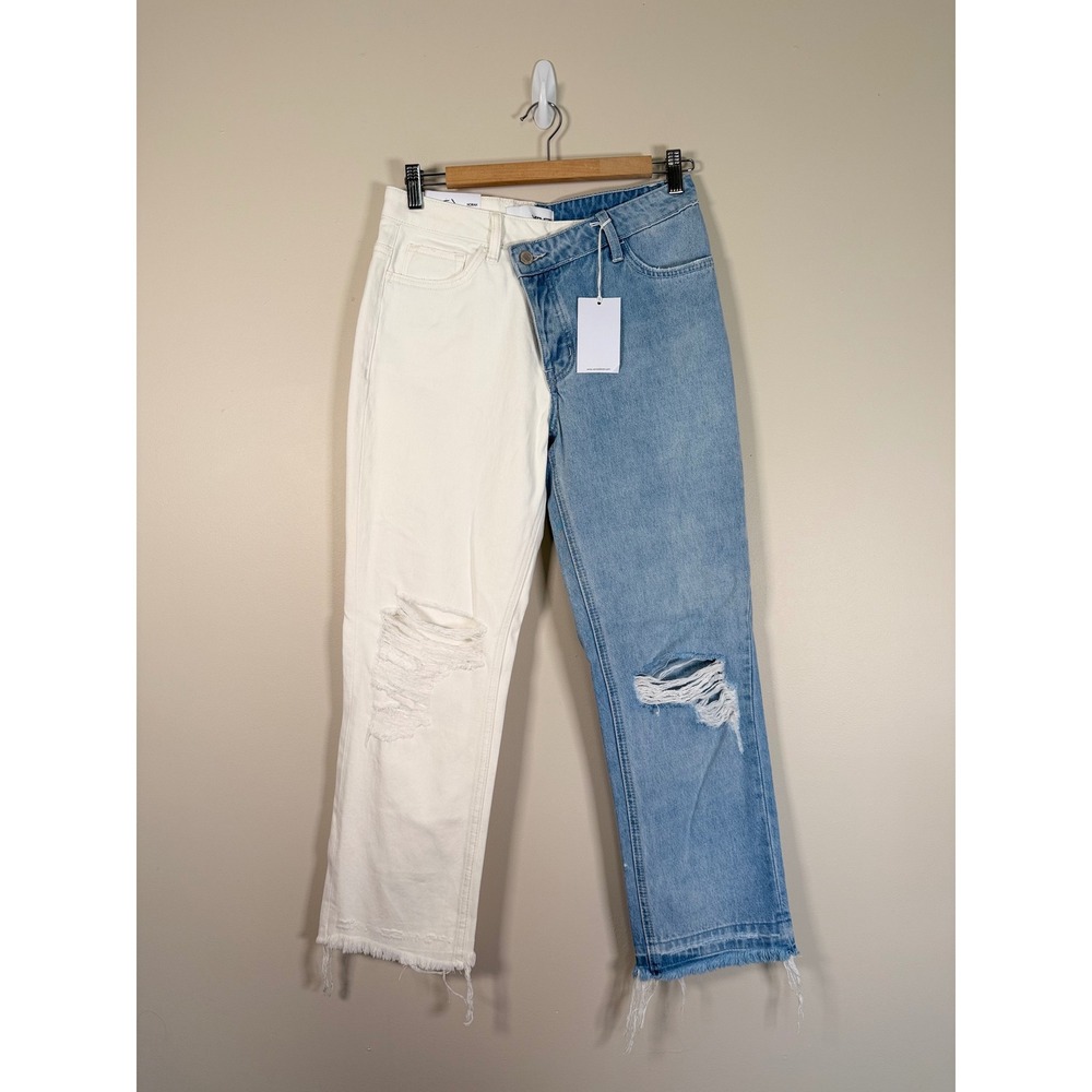 Vervet Norah Two Tone High Rise Straight Jeans White Blue Distressed 26 NEW - Picture 2 of 11